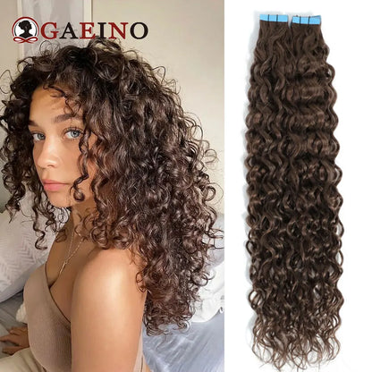 Water Wave Tape in Human Hair Extension Brazilian Hair Skin Weft Tape in Curly Human Hair 20 pcs/set Black Brown Blonde Color