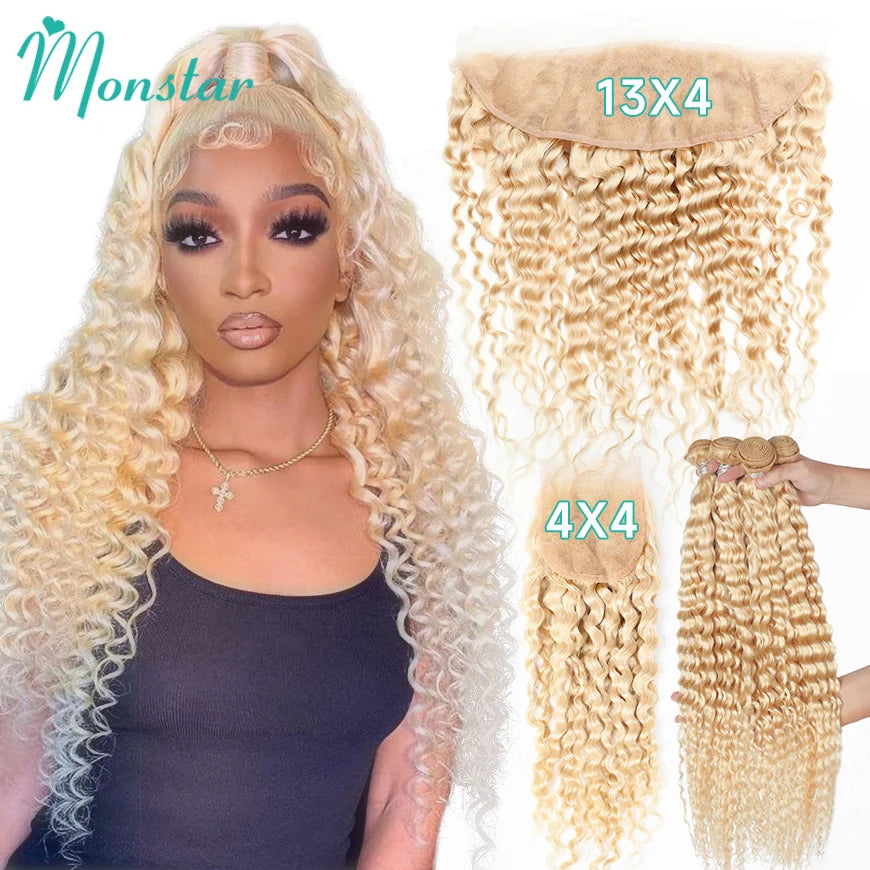 613 Blonde Deep Wave Bundles Human Hair with Closure 4x4 Brazilian Blond 13x4 Lace Frontal with 613 Curly 3 4 Bundles Human Hair