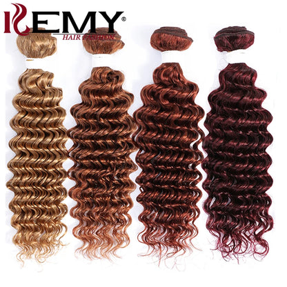 Deep Wave Human Hair Bundles 99J Red Honey Blonde Colored Human Hair Weave Bundles Brazilian Remy Hair Bundles Deals 1/3 PCS