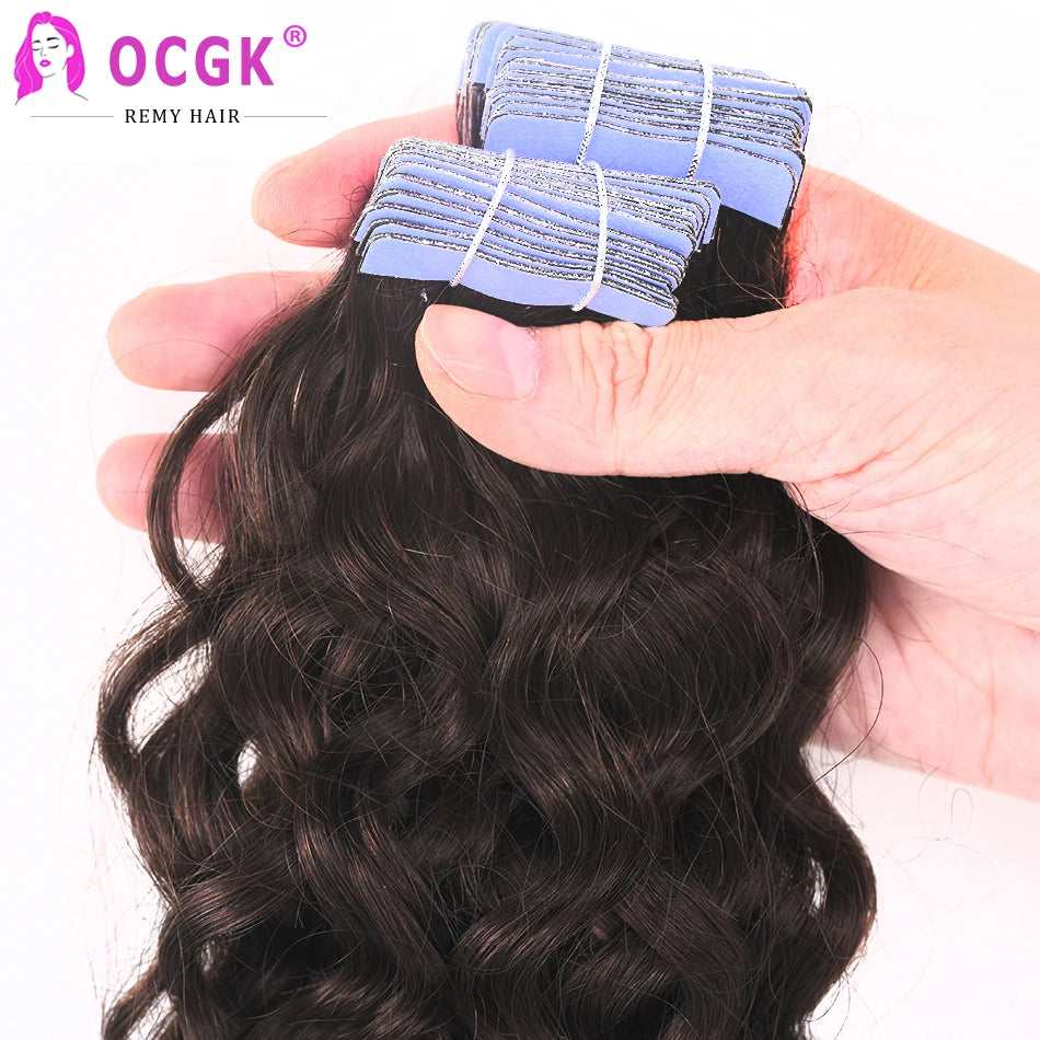 OCGK Water Wave Tape In Human Hair Extensions 12-26Inch 100% Human Hair Seamless Skin Weft Tape In Wavy Hair Extensions 2.5G/Pc