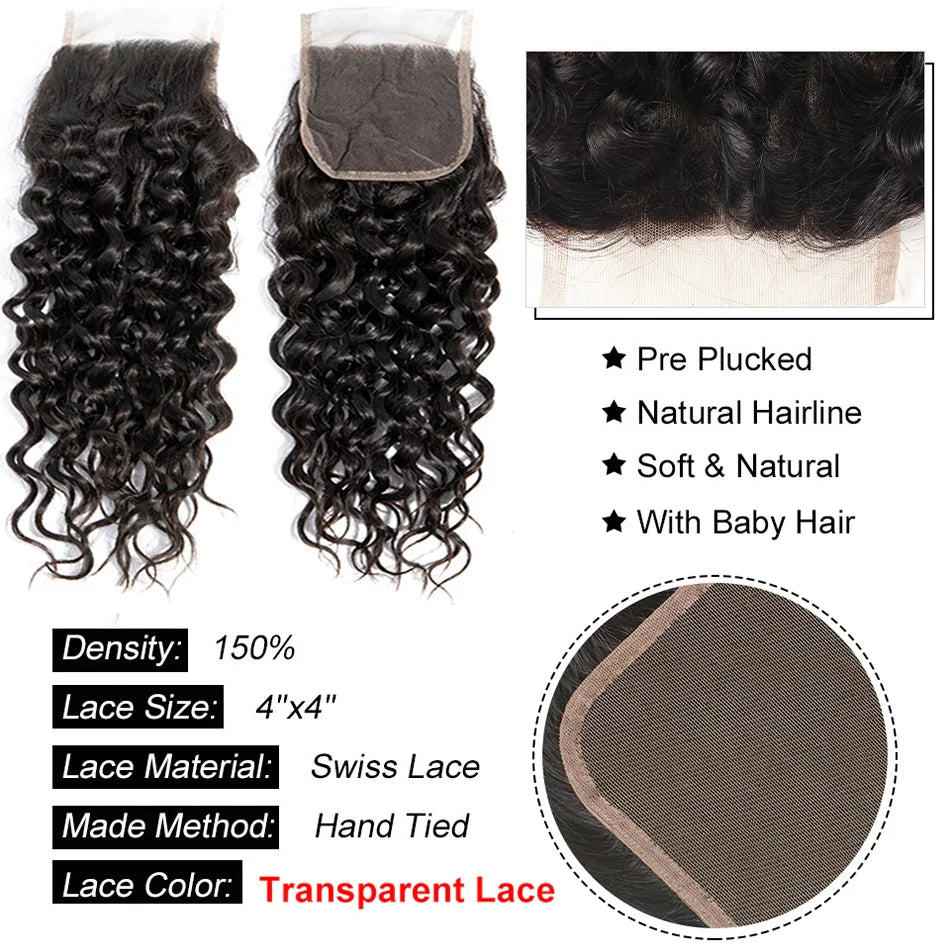 12A Mongolian Water Wave 3 Bundles With Closure Human Hair Bundles With Closure Loose Deep Wave Hair Bundles With Closure