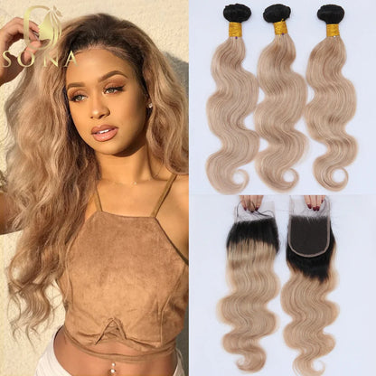 Honey Blonde Ombre 1B 27 Human Hair Bundles with Closure HD Lace Ash Blonde 3 Bundle with Dark Roots