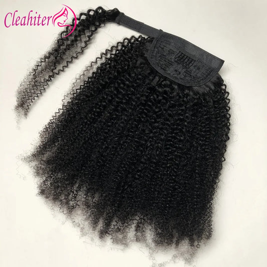 Mongolian Afro Kinky Curly Human Hair Wrap Around Ponytail Natural Color Clip Ponytail Extension Hair For Women 8-22 Inch