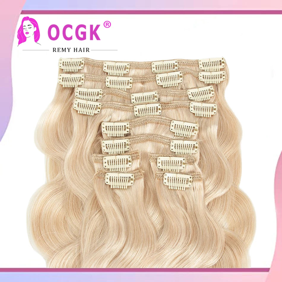 OCGK Body Wave Clip In Hair Extensions For Women Light Blonde Wavy Clip Ins Full Head Remy Human Hair 14-28Inch 10Pcs/Set