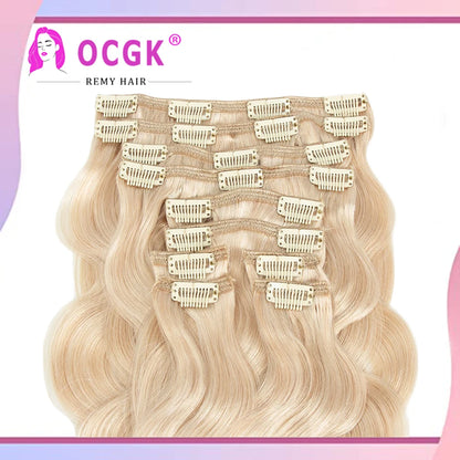 OCGK Body Wave Clip In Hair Extensions For Women Light Blonde Wavy Clip Ins Full Head Remy Human Hair 14-28Inch 10Pcs/Set