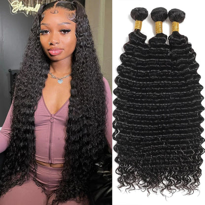 Deep Wave Bundles 100% Human Hair Bundles Peruvian Hair 32 Inch Curly Weave Bundles Soft Raw Hair Extensions Loose Deep Bundles