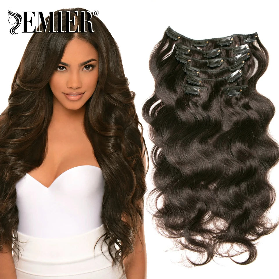 Body Wave Clip in Hair Extensions for Black Women Natural Black Color 7Pcs with 16Clips Full Head Brazilian Human Hair