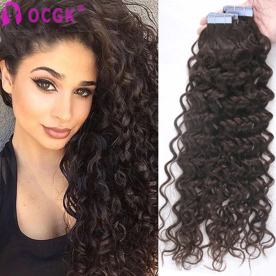 OCGK Water Wave Tape In Human Hair Extensions 12-26Inch 100% Human Hair Seamless Skin Weft Tape In Wavy Hair Extensions 2.5G/Pc