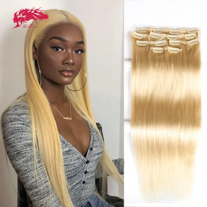 Ali Queen Hair Straight Clip In Human Hair Extension Natural Black #613 Blonde 120G 7Pcs/pc Machine Made Human Remy Hair Bundles