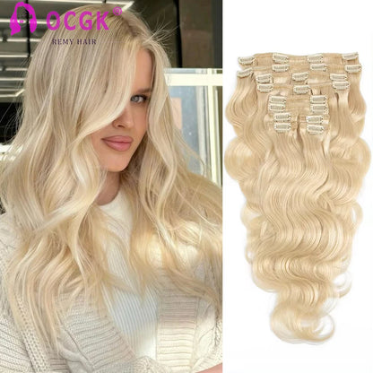 OCGK Body Wave Clip In Hair Extensions For Women Light Blonde Wavy Clip Ins Full Head Remy Human Hair 14-28Inch 10Pcs/Set