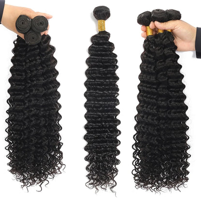 Deep Wave Bundles 100% Human Hair Bundles Peruvian Hair 32 Inch Curly Weave Bundles Soft Raw Hair Extensions Loose Deep Bundles