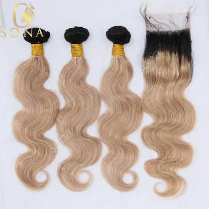 Honey Blonde Ombre 1B 27 Human Hair Bundles with Closure HD Lace Ash Blonde 3 Bundle with Dark Roots