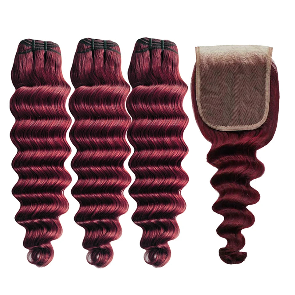 Burgundy Bundles with Closure 99j Loose Deep wave Human Hair with 4x4 lace closure Free Part  Virgin Raw Hair Extensions