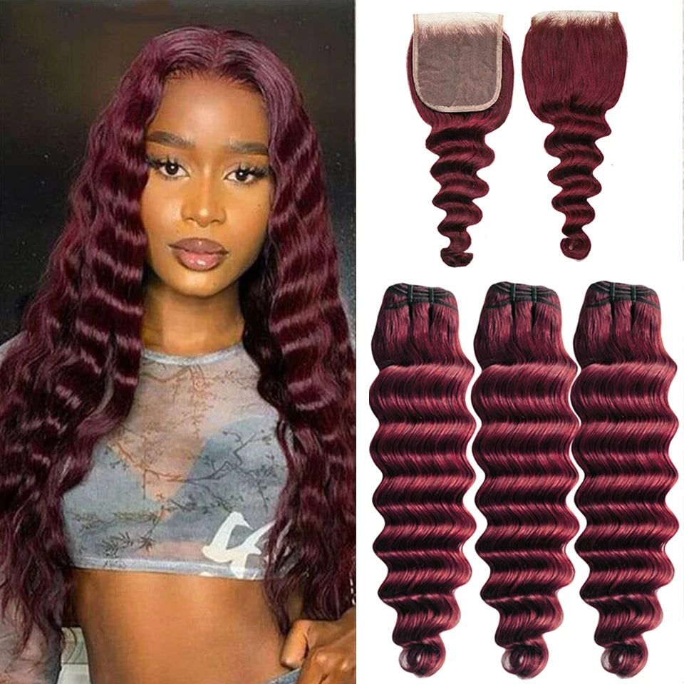 Burgundy Bundles with Closure 99j Loose Deep wave Human Hair with 4x4 lace closure Free Part  Virgin Raw Hair Extensions