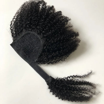 Mongolian Afro Kinky Curly Human Hair Wrap Around Ponytail Natural Color Clip Ponytail Extension Hair For Women 8-22 Inch