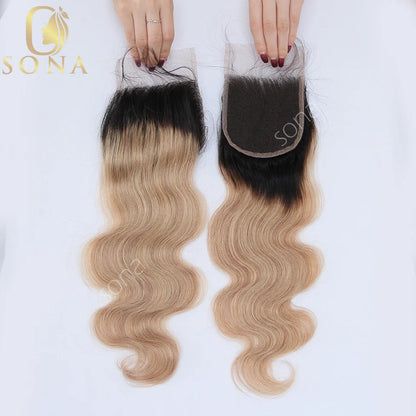 Honey Blonde Ombre 1B 27 Human Hair Bundles with Closure HD Lace Ash Blonde 3 Bundle with Dark Roots