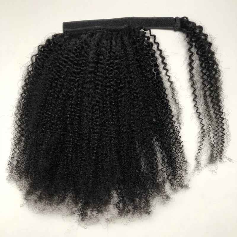 Mongolian Afro Kinky Curly Human Hair Wrap Around Ponytail Natural Color Clip Ponytail Extension Hair For Women 8-22 Inch