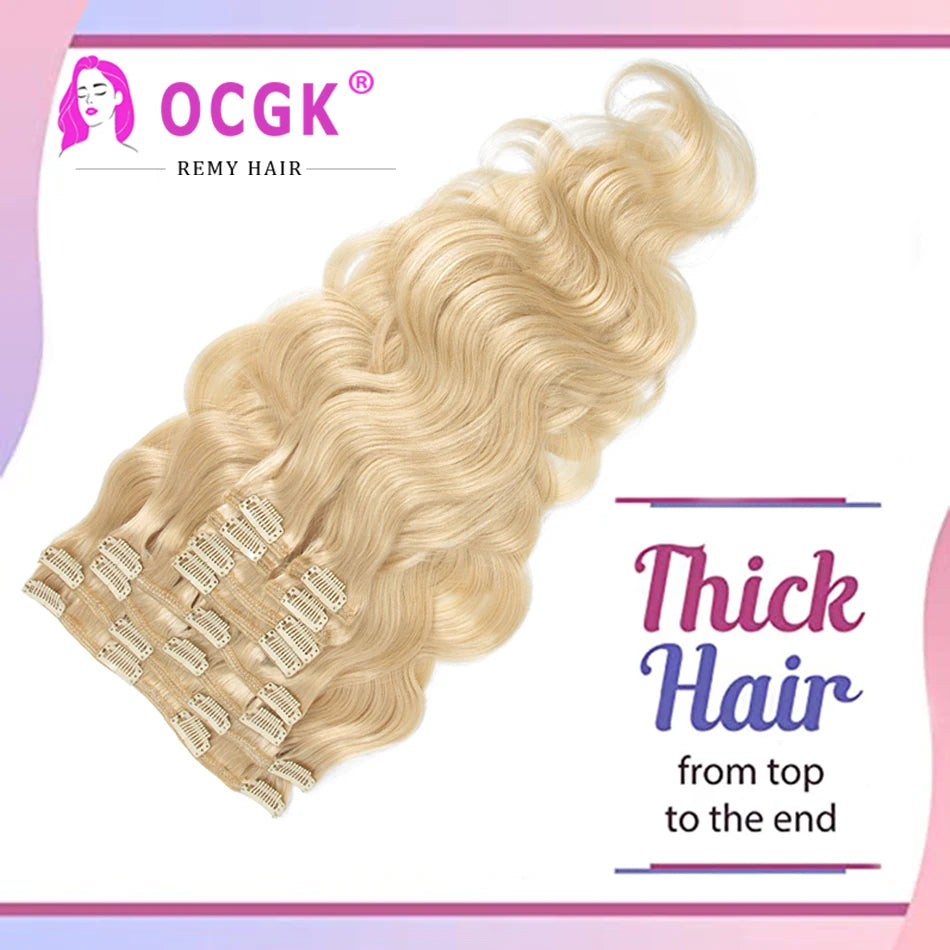 OCGK Body Wave Clip In Hair Extensions For Women Light Blonde Wavy Clip Ins Full Head Remy Human Hair 14-28Inch 10Pcs/Set